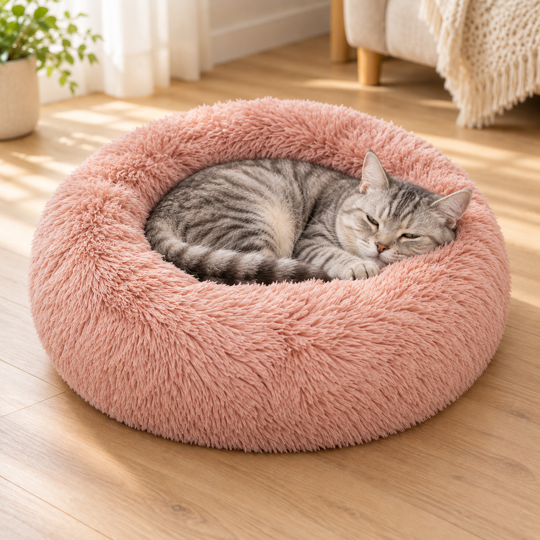 Chat au repos dans le panier rose — mise en scène générée par IA