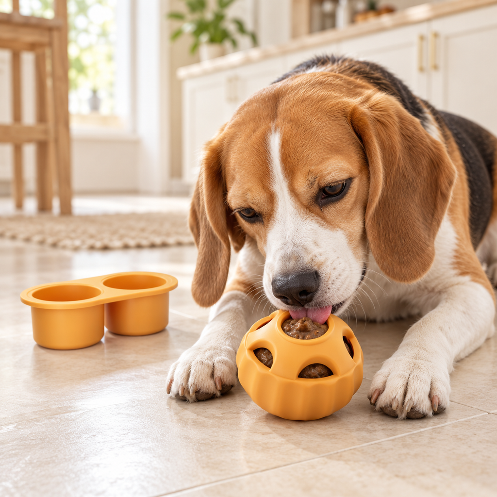 Beagle utilisant la balle gourmande orange avec son moule à deux portions — mise en scène générée par IA