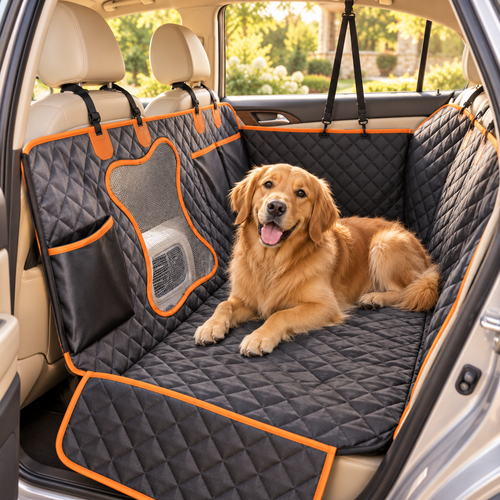 Housse de banquette noire à bordures orange avec un golden retriever dans une voiture — mise en scène générée par IA