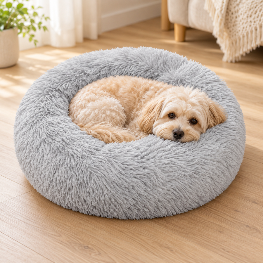 Chien au repos dans le panier gris clair — mise en scène générée par IA