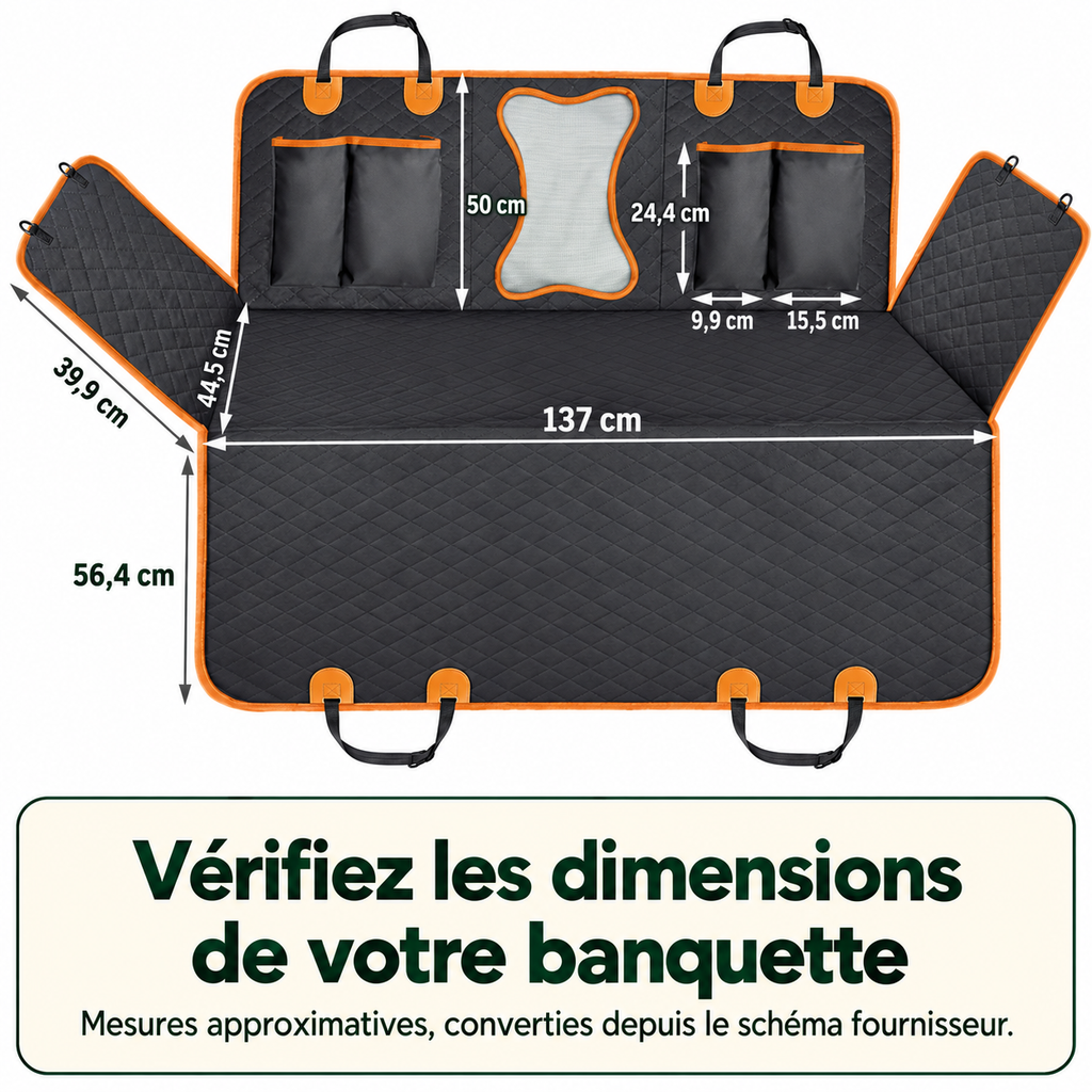 Dimensions de la protection de banquette en centimètres — schéma fournisseur adapté en français