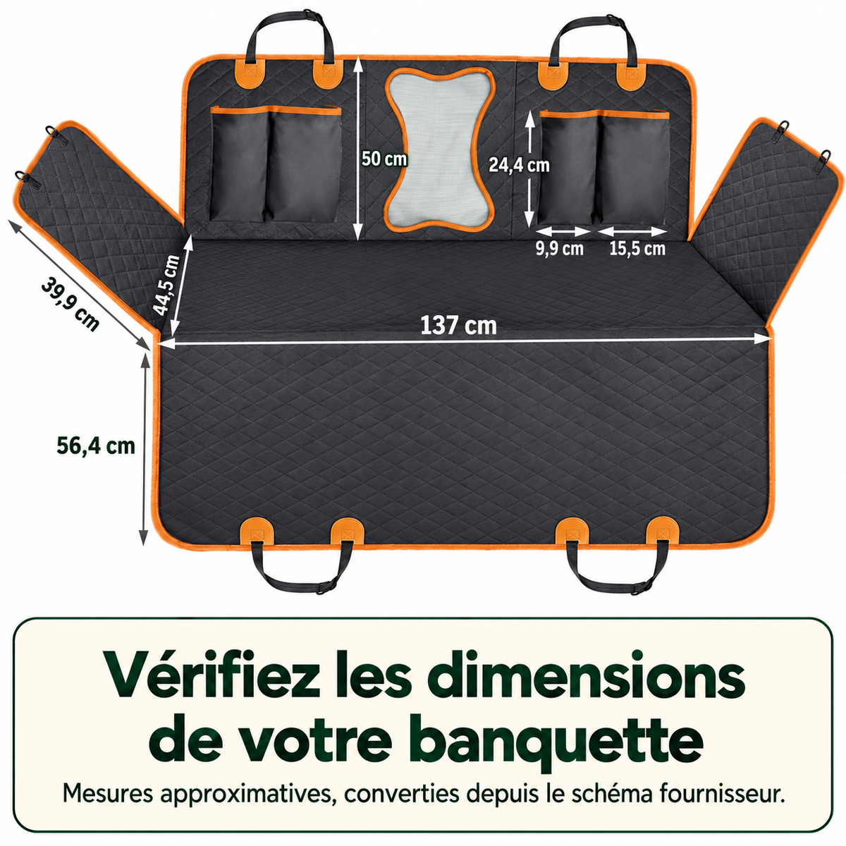 Dimensions de la protection de banquette en centimètres — schéma fournisseur adapté en français